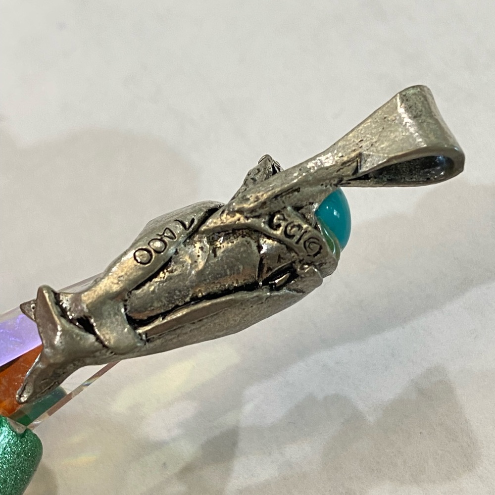 Silver Quartz Crystal Turquoise Pendant Necklace dolphins vintage signed - Picture 11 of 14